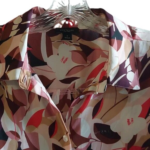 Ann Taylor Factory Women's Long Sleeve Coral & Cream Button-Up Floral Blouse, M - Picture 4 of 14